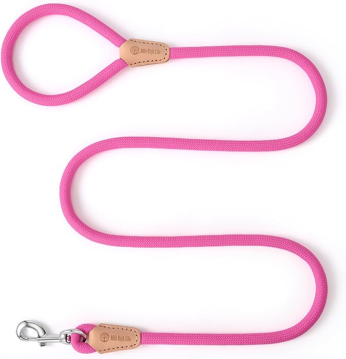 Mile High Life Dog Leash with Genuine Leather Connection, 4/5/6 FT | Rope Leash, Heavy Duty 360° Swivel Metal Clasp, for Small Medium & Large Dogs (Bright Pink, 60 Inch)