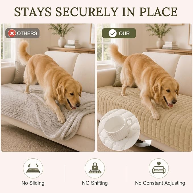 Smiry Velvet Couch Cover for Dogs, Non Slip Soft Sofa Protector for Pets | Washable Sofa Cover for Cats, Cozy Furniture Protector Against Pet Hair, Scratches, Fits Sectional Sofa(Khaki, 36"x63")