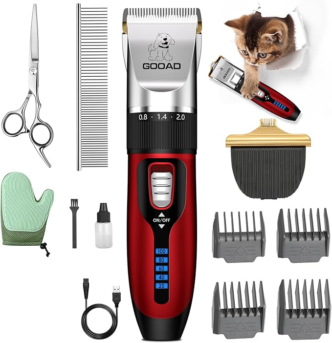 Quiet Cat Clippers & Cat Grooming Kit for Matted & Long Hair | 250Min Cordless Pet Shaver, Low Noise Pet Hair Trimmer for Grooming,2in1 Wide & Narrow Blades,4 Combs,Scissors & Glove(Red)