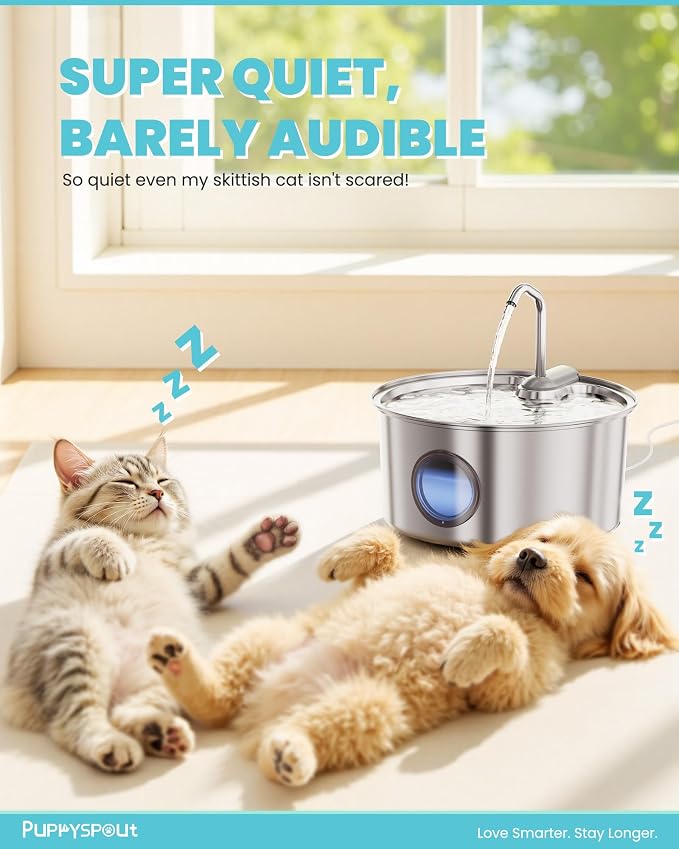 Puppyspout Stainless Steel Cat Water Fountain, Visible Window, 108 oz | Quiet operation, includes 3 filters, multi-pet drinking dispenser for indoor cats and dogs, multi-pet homes, Dishwasher Safe