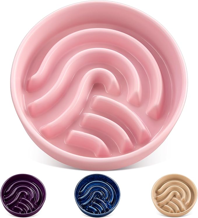 vancasso Slow Feeder Dog Bowl, 3 Cup Ceramic Slow Feeding Food Dish for Large Breed, Puzzle Dog Food Bowl for Fast Eater, Pink