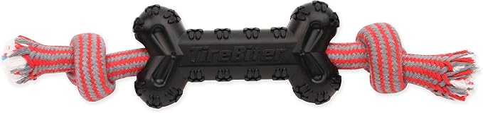 Mammoth Pet Products TireBiterII Bone with Extra Cotton-Poly Rope â€“ Natural Rubber Dog Toys for Extreme Chewers â€“ Aggressive Chewer Toys for Dogs - Large 15â€, Black (35023F)