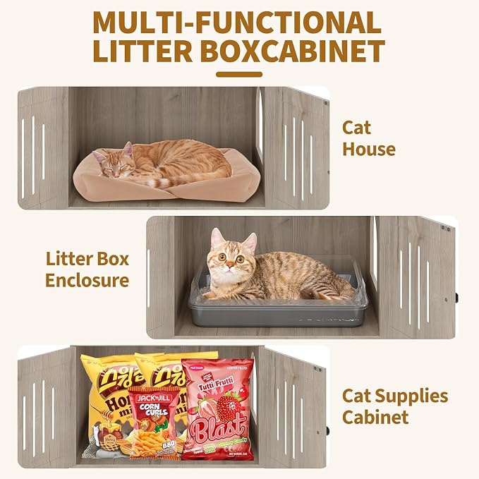 Garvee Cat Litter Box Enclosure with Cat Tree Tower and Condo, Hidden Cat Washroom Furniture with Sisal Scratching Post and Soft Plush Perch, Wooden Cat Furniture with Multiple Platforms