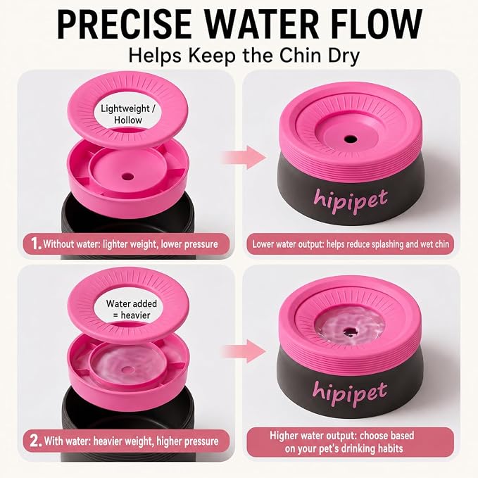 Dog Water Bowl No Spill with Floating Disk,Floating Pet Water Bowl for Dogs and Cats, for Travel and Home (Black+Pink(600ml))