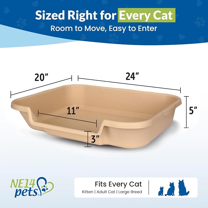 KittyGohere Senior Cat Litter Box Large with Scoop, 2 Pack Beach Sand | Open Top Low Entrance Kitty Litter Box With Long-handle Jumbo Scoop, Lightweight Low Entry Litters Box, Durable, Made in USA