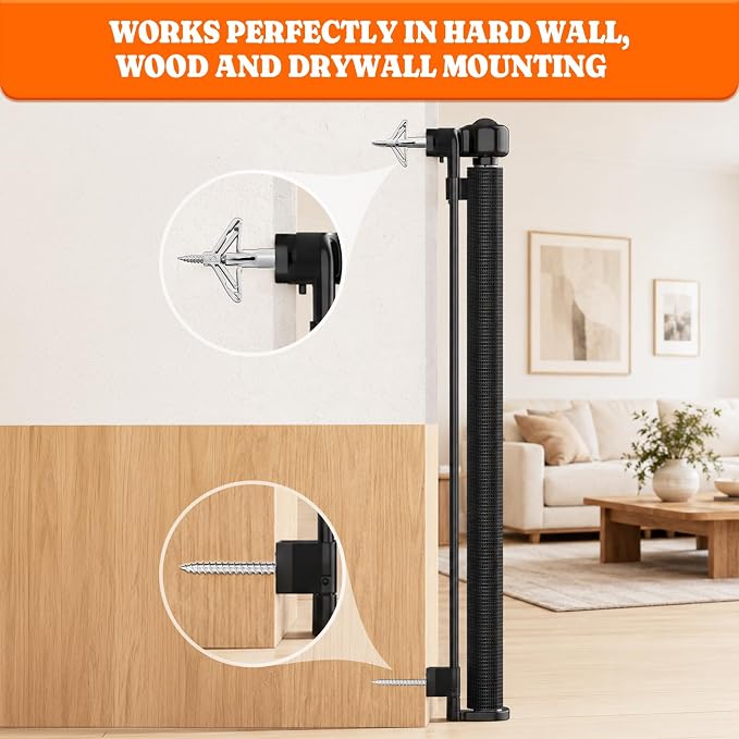 Pawtners Retractable Baby Gates, 34" Tall Extends to 120" Wide Dog Gate | 6 FT Gate with Reinforced 8 Supporting Rods to Prevent Crawling for Stairs Hallways Indoor Outdoor Open Spaces