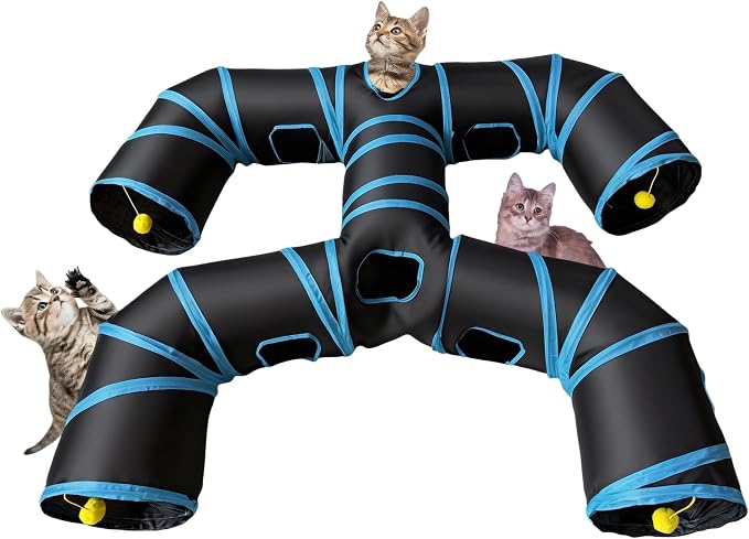 Foldable H-Shaped Cat Tunnel Toy with Interactive Playing Balls - 4 Exits for Cats, Kittens, Rabbits & Small Pets Collapsible Play Tube for Indoor Fun & Exercise (Blue Black)