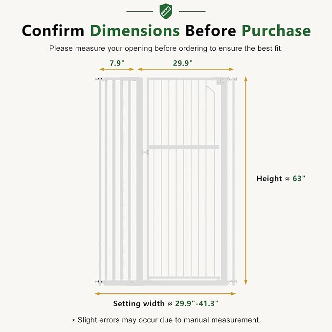 Floisdace 63" Extra Tall Pet Gate for Cat/Dog, Adjustable 29.9-41.3" Wide Auto Close Tall Cat Gate, No Drilling Pressure Mount Kit, Dog Gate for Doorways, Hallways, Kitchen, White