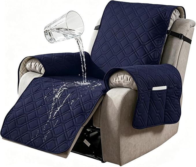 100% Waterproof Recliner Chair Cover, Non-Slip Washable Recliner Slipcover with Elastic Straps & Side Pocket, Stay in Place Furniture Protector for Dogs Cats Kids (Navy Blue, 23)