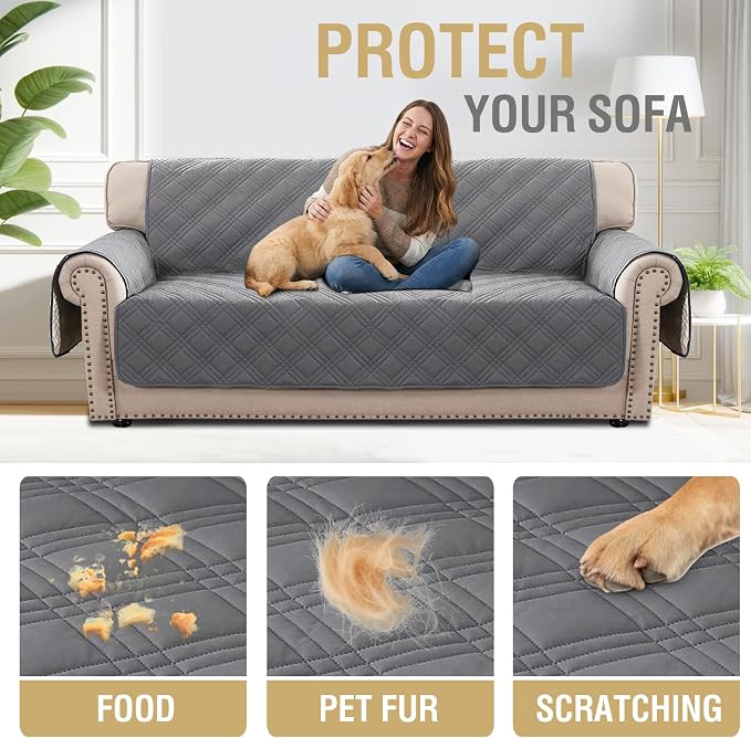 H.VERSAILTEX 100% Waterproof Sofa Covers for 3 Cushion Couch Modern Sofa Cover for Dogs XL Couch Covers for Oversized Sofa with Elastic Straps (Oversized Sofa, Grey/Beige)