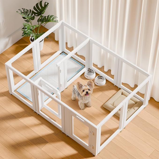 EVERFRONT Clear Acrylic Dog Playpen - Transparent Dog Play Pen - Easy Assemble Acrylic Dog Enclosure - Puppy Playpen, Cat Playpen, Small Animal Playpen, Dog Fence Indoors (24", 2 Gates + 10 Panels)