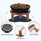 SPUNKYJUNKY Extra Wide Elevated Ceramic Cat Bowl with Acacia Wood Stand Whisker Friendly (Cat Paw Pattern, 2 Pack, Black)