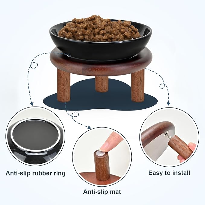 SPUNKYJUNKY Extra Wide Elevated Ceramic Cat Bowl with Acacia Wood Stand Whisker Friendly (Cat Paw Pattern, 2 Pack, Black)