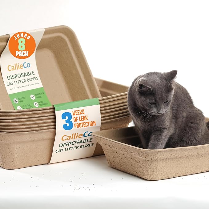 CallieCo Disposable Cat Litter Boxes Jumbo 8 Pack Leak Resistant | Portable, Biodegradable, Travel Friendly, Sturdy, Easy-Grip Rim, Cat Tray Liners