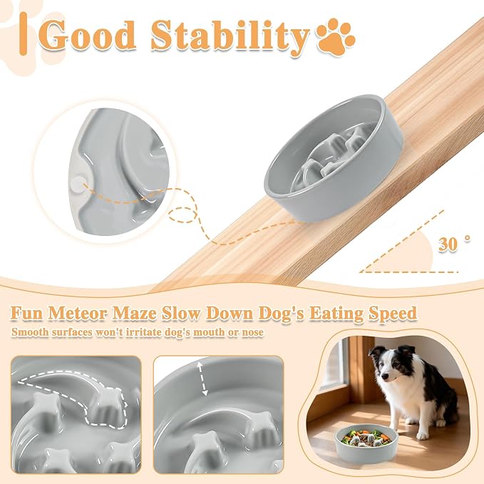 Ceramic Slow Feeder Dog Bowls,0.6 Cups Dog Food Dish for Small Breed | Puzzle Dog Food Bowl for Fast Eater, 15OZ, 6.3 inch(Grey)