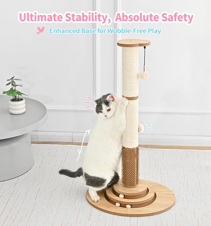 Made4Pets Tall Cat Scratching Post for Indoor Cats with Self Groomer, 33.6" | Tall Natural Sisal Scratching Post, Cat Scratcher with Stable Base and Interactive Ball Track for Adult and Large Indoor Cats