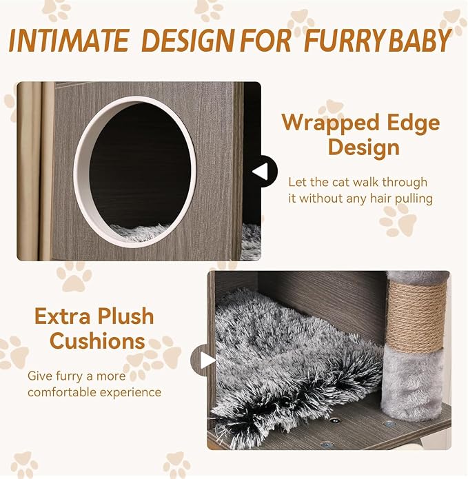 Garvee Cat Litter Box Enclosure with Cat Tree Tower and Condo, Hidden Cat Washroom Furniture with Sisal Scratching Post and Soft Plush Perch, Wooden Cat Furniture with Multiple Platforms
