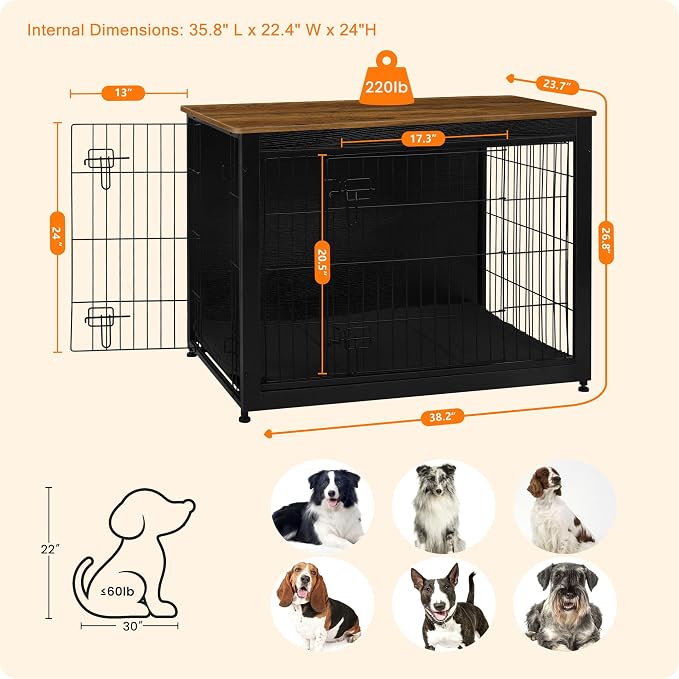 DWANTON Dog Crate Furniture with Cushion, Wooden Kennel Table with Double Doors, Indoor Dog House, Large Size, 38.5" L, Black+Warm Brown