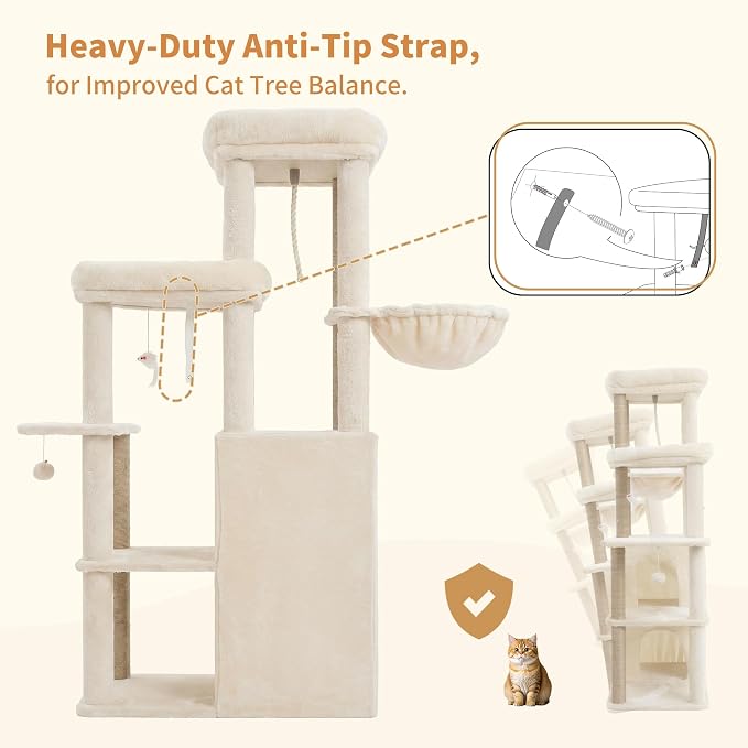 Heybly Cat Tree, 59.4" Secure Anti-Tip Cat Tower for Large Cats HCT055G | Spacious Cat Furniture with Dual-Tier Cat Condo, 2 Top Perches, Hammock and Sisal Scratching Posts, Beige