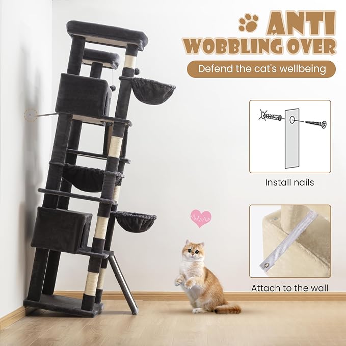SHA CERLIN 81in Multi-Level Tall Cat Tree Tower for Indoor Kitties/Larger Cat Condo Furniture with Hammock/Cozy Pussycat Perches/Sisal Scratching Posts/Pet House/Wide Base/Dark Grey