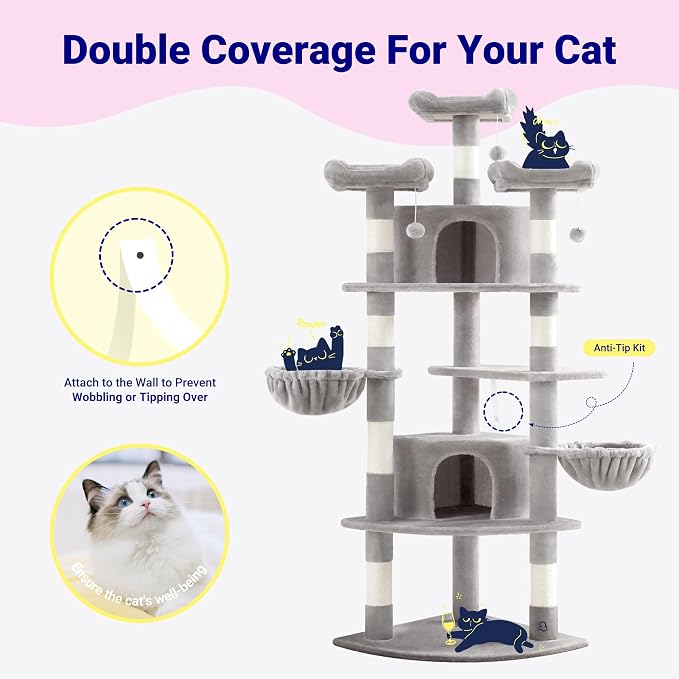Allewie 73in Fan-Shaped Space-Saving Corner Cat Tower/Multi-Level Tall Cat Tree for Indoor Kitties/Cozy Baskets/Condos/House/Perches/Sisal Scratching Posts/Pet Activity Center/Grey