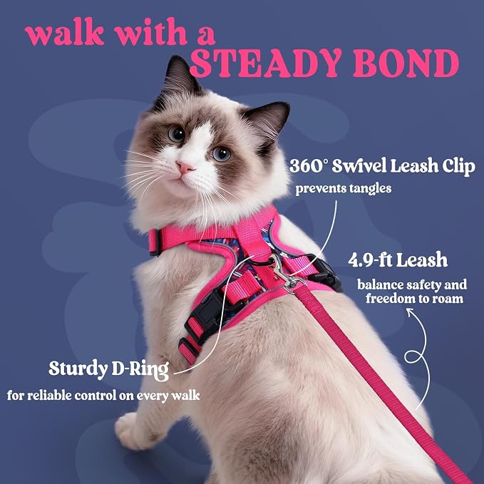rabbitgoo Cat Harness and Leash Set, Escape Proof Vest, Coconut Fuchsia | Soft Breathable Mesh, Easy Adjustable Fit, Snap Buckles, Sturdy Clip, Reflective Strips, for Medium to Large Cats Walks, M