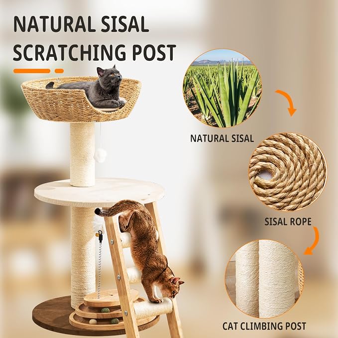 Modern Cat Tree for Indoor Cats, 30 in Cat Tower with Basket Bed | Interactive Play Base, 8cm Thick Sisal Scratching Posts, Climbing Ladder, Teaser Toy, Replaceable Cooling & Plush Mats