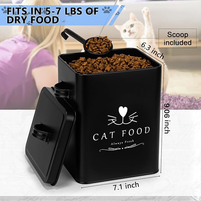 Meraki Home Farmhouse Cat Food and Treats Containers + Feed Scoop + Pet Food Bowl - Tight Lids - Large Metal Storage Bin - Great Gift for Cute Pets (Matte Black)