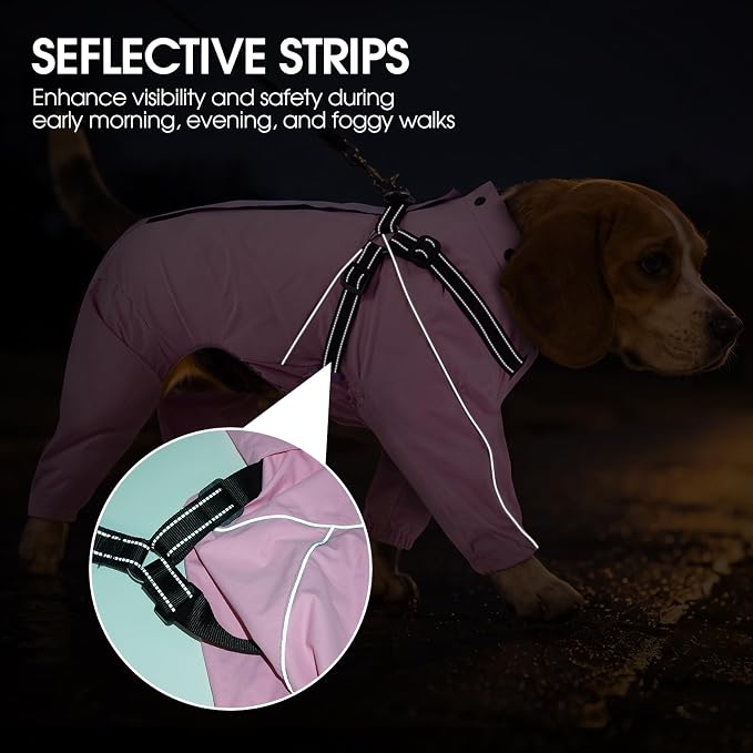 QBLEEV Lightweight Dog Windbreaker, Waterproof Outdoor Jacket, Pink, 3XL | Waterproof & windproof | built-in harness | easy on and off with dual closure | reflective safety strips | detachable hood