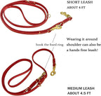 Guiding Star 8ft Leather Dog Leash - Soft Multi-Function 6 in 1 Training Walking Leash, Hands Free, Dual, Crossbody for Small, Medium and Large Dogs, Service Dogs - Red