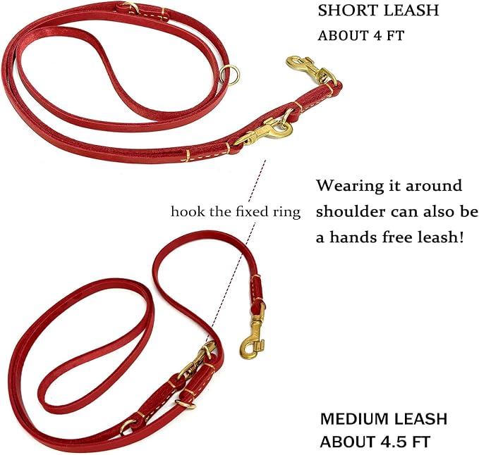 Guiding Star 8ft Leather Dog Leash - Soft Multi-Function 6 in 1 Training Walking Leash, Hands Free, Dual, Crossbody for Small, Medium and Large Dogs, Service Dogs - Red