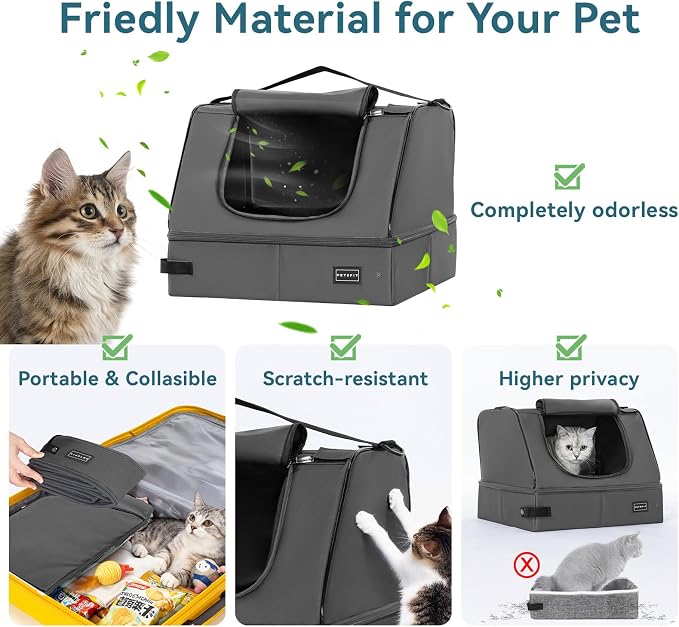 PETSFIT Portable Travel Cat Litter Box with Lid – Collapsible, Leak-Proof & Washable 2-Layer Liner, Sturdy Support Frame, for Hotel/Car/Camping, Cat Travel Essentials for Kitty/Medium Cats Grey