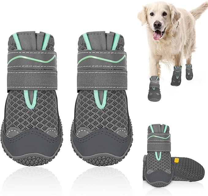 SlowTon Dog Shoes for Large Small Medium Dogs - Breathable Dog Boots for Summer Hot Pavement, Paw Protector for Outdoor Walking Winter Snow, Anti-Slip Rubber Dog Booties for Hardwood Floor (GY, 7)