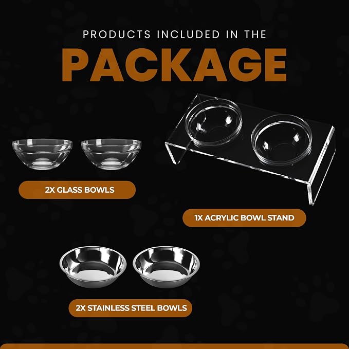 Acrylic Elevated Dog Cat Bowls Pet Feeder Double Bowl Raised Stand Comes with 2 Removable Glass Bowls and 2 Stainless Steel Bowls.Perfect for Large Dogs, 7.2" Tall