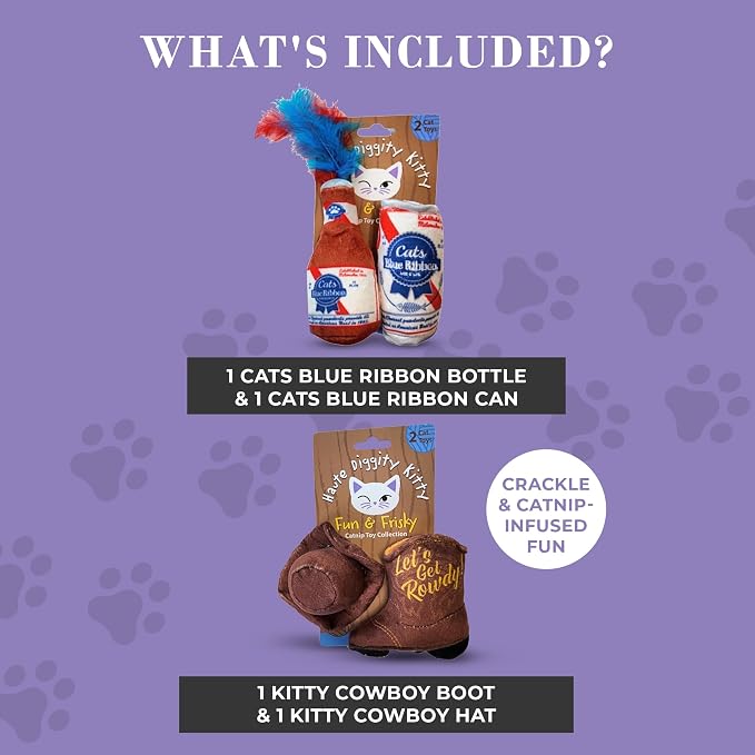 Haute Diggity Kitty Cats Blue Ribbon + Kitty Cowboy Set Soft Plush Cat Toys | 4 Pack Catnip Toys with Interactive Crackle & Feathers, Safe & Durable Cat Nip Kicker Toy for Outdoor & Indoor Cats & Kitten