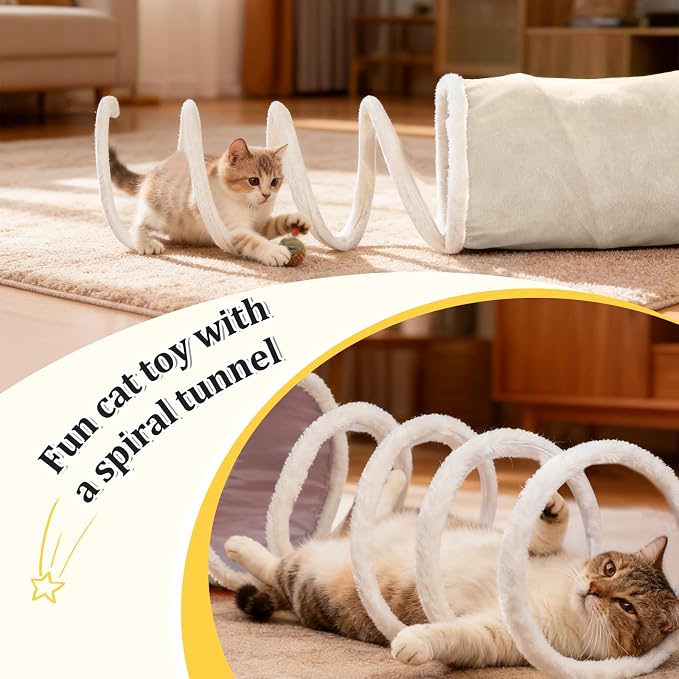 Ownpets 2-in-1 Cat Tunnel Large Lollipop Collapsible Cave Plush,12"D, Beige | Foldable Tunnel Bed, Fluffy Ball, Multi-Exit Maze, For Cats Kittens Puppies Rabbits, Soft Plush, Easy Store, Cozy Hiding Spot
