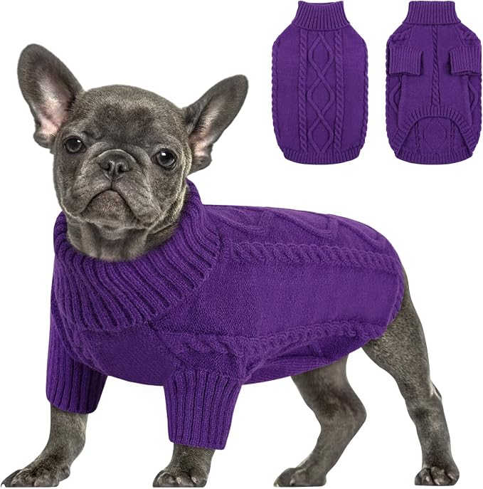 Queenmore Small Dog Pullover Sweater, Cold Weather Cable Knitwear, Classic Turtleneck Thick Warm Clothes for Chihuahua, Bulldog, Dachshund, Pug (Purple, Medium)