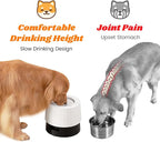 Raised 95oz Slow Drinking Dog Water Bowl No Spill Medium Large Breed | Single Elevated Stainless Steel Water Bowl with Floating Disc, Stable Sturdy Base and Snap on Adjustable Height Stand