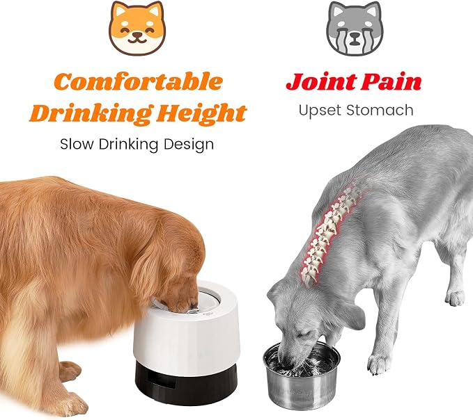 Raised 95oz Slow Drinking Dog Water Bowl No Spill Medium Large Breed | Single Elevated Stainless Steel Water Bowl with Floating Disc, Stable Sturdy Base and Snap on Adjustable Height Stand