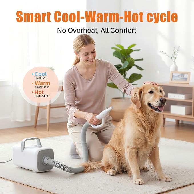 NEWBULIG Dog Hair Dryer, Dog Blow Dryer with Heater, White | 1550W High Velocity Pet Blow Dryer with Heater, Speed Temperature Adjustable Dog Blower Grooming with 4 Nozzles