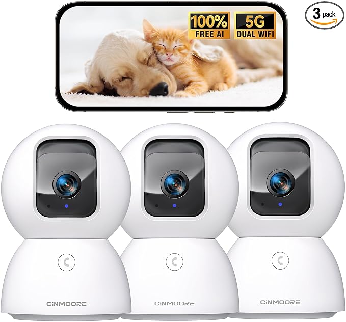 5G Security Camera Indoor 3-Pack, No-Monthly-Fee AI Tracking Facial Recognition, 3K Pet/Dog Camera with Speaker/Phone App, PTZ WiFi Baby Monitor Cameras for Home Security, 0-Glow Night Vision