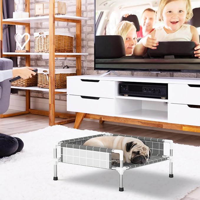 Elevated Dog Bed with Guardrail, Raised Pet Bed for Small Dogs | Rust-resistant stainless steel frame with safety fence & soft cotton fabric. Anti-slip feet for secure indoor and outdoor use