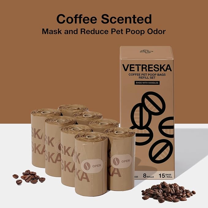 VETRESKA Dog Poop Bags with Handles 120 Count, Coffee Scented Waste Bags | Leak-Proof Thick Dog Bags for Poop, Easy-Tie Large Poop Bags, 8 Refill Rolls for Dog Walking Cat Litter