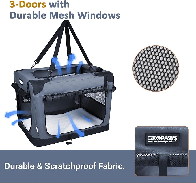 JESPET Soft Dog Crates Kennel for Pets, 3 Door Soft Sided Folding Travel Pet Carrier with Straps and Fleece Mat for Dogs, Cats, Shale Green, 36'' (2-Grey, X-Large(36" L x 24" W x 27" H))