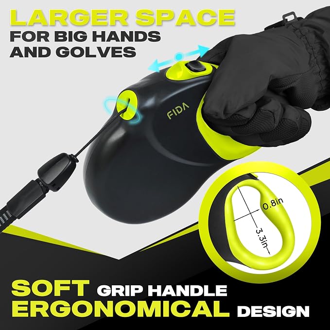 Fida 30ft Upgraded Retractable Dog Leash, Heavy Duty Pet Walking Leash for Medium/Large Breed up to 110 lbs, 360° Tangle-Free Long Retract Dog Lead, Soft Grip, One-Hand Brake, Neon Yellow
