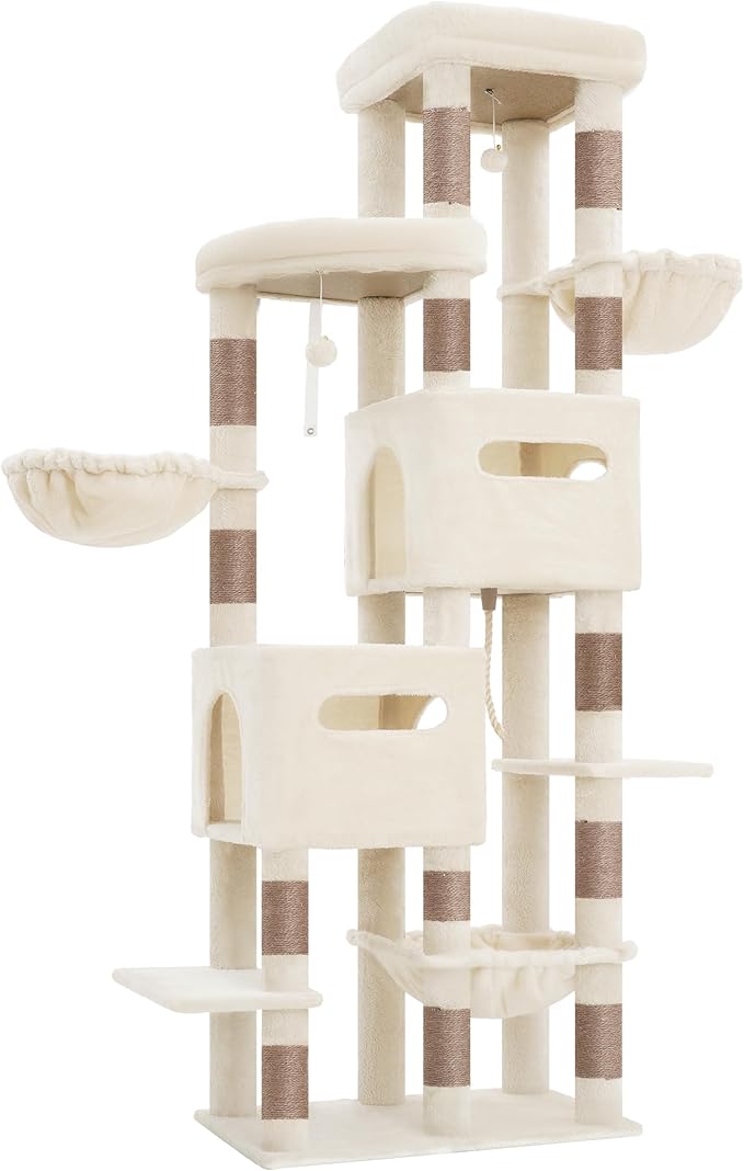 Heybly Cat Tree, 74.8'' Spacious & Tall Cat Tower for Large Cats HCT062MJ-1 | Cat Furniture with Large Top Perch, Solid Base, 2 Cat Condos, Hanging Hammock, Durable Sisal Scratching Posts, Beige