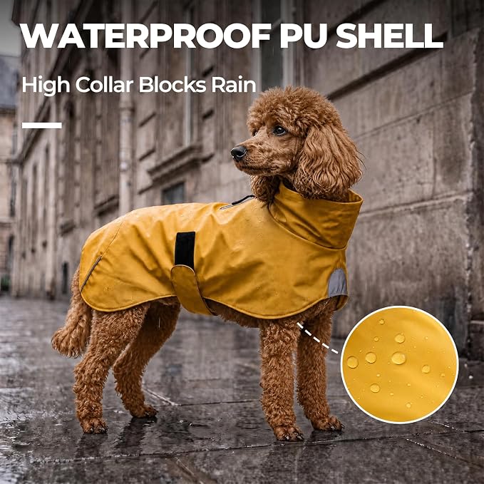 PU Dog Raincoat, Non-Toxic & Odorless Waterproof Vest, Adjustable High Neck and Hook & Loop Belly Closure for Rainy Potty Breaks & Wet Weather Outdoor Walks (Yellow, X-Large)
