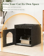 SETVSON Cat Litter Box Enclosure Furniture, Hidden PE Rattan, Black | PE Rattan Kitty House with Top Fence, Fits Standard Litter Box, Included Litter Mat, 2 S-Hooks, Sturdy Metal Frame
