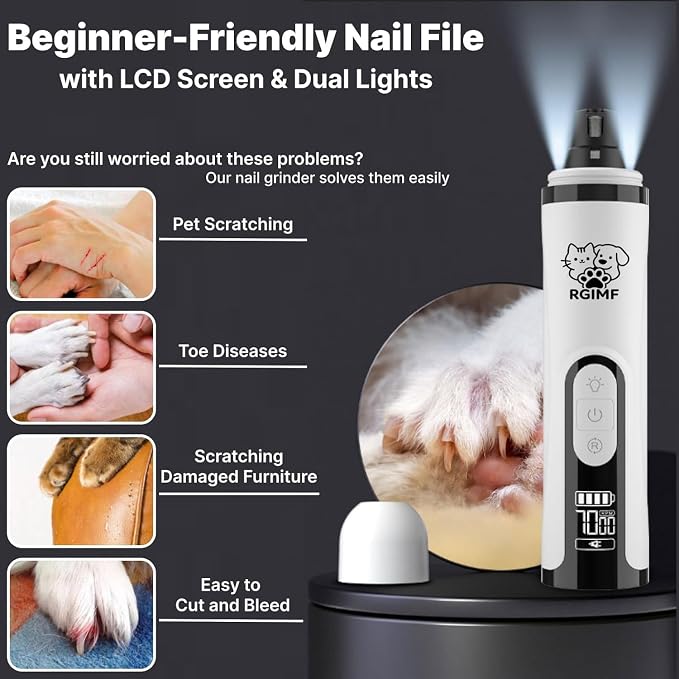 Dog Nail Grinder Whisper Quiet with Light for Sensitive Pets | 3-Speed Cat & Dog Nail Trimmers, Safe Painless Paws Grooming & Smoothing for Small Middle Large Pets (2 Replacement Head)