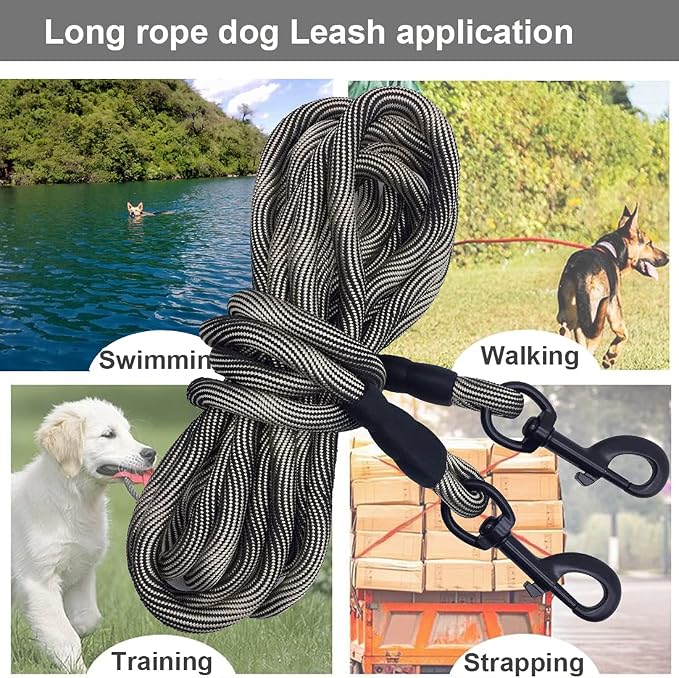 BTINESFUL Tie-Out Check Cord Long Rope Dog Tether, 8ft 12ft 20ft 30ft 50ft 75ft Recall Training Dog Lead for Yard- Large Medium Dogs Outdoor Training, Playing, Camping, or Backyard (12ft, Beige Black)